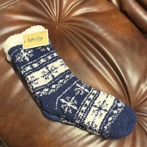 Blue and White Cozy Socks with grips at the bottom